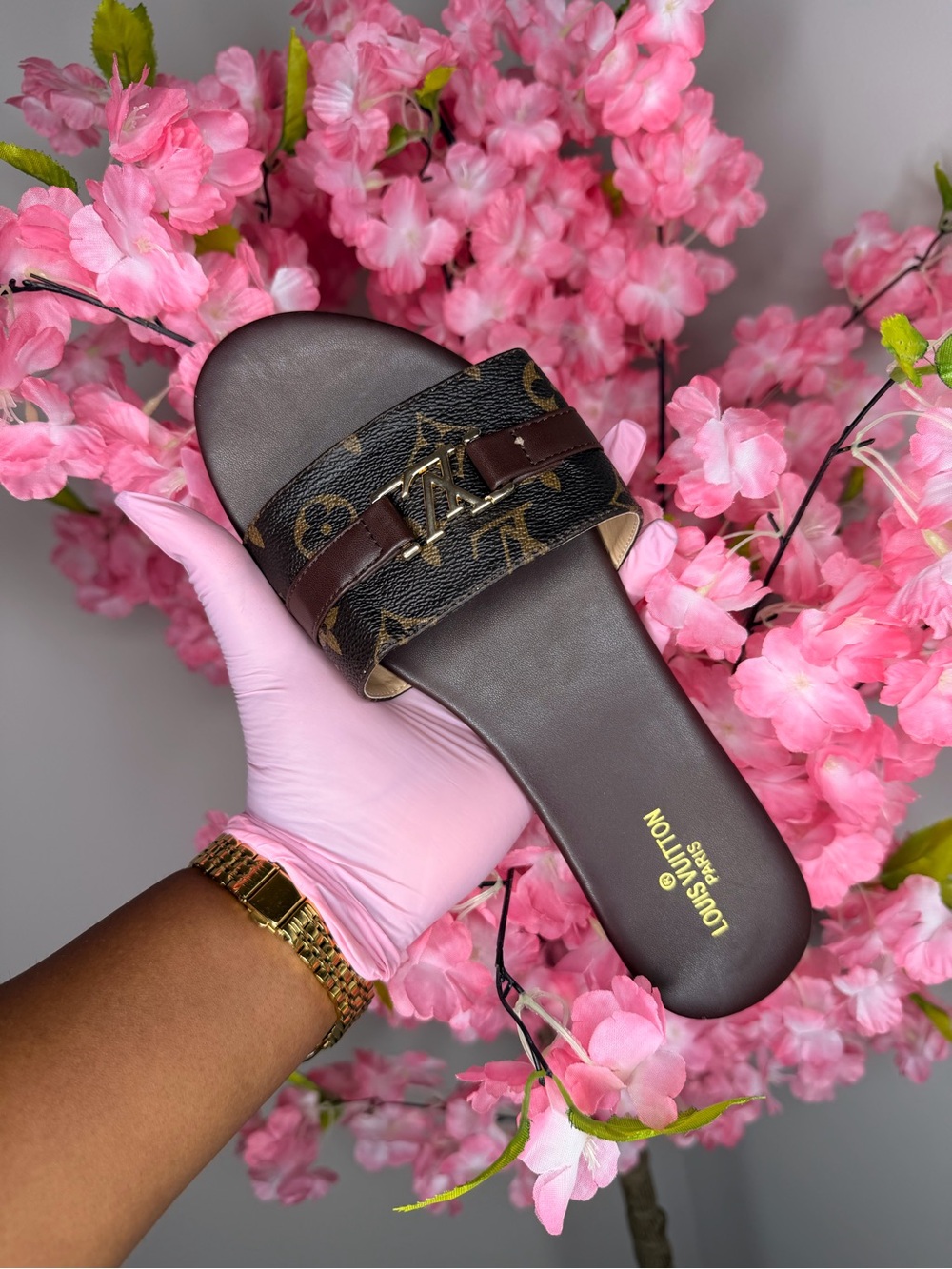 Louis Vuitton Brown Monogram Leather Slide Sandal with Gold LV Accent
